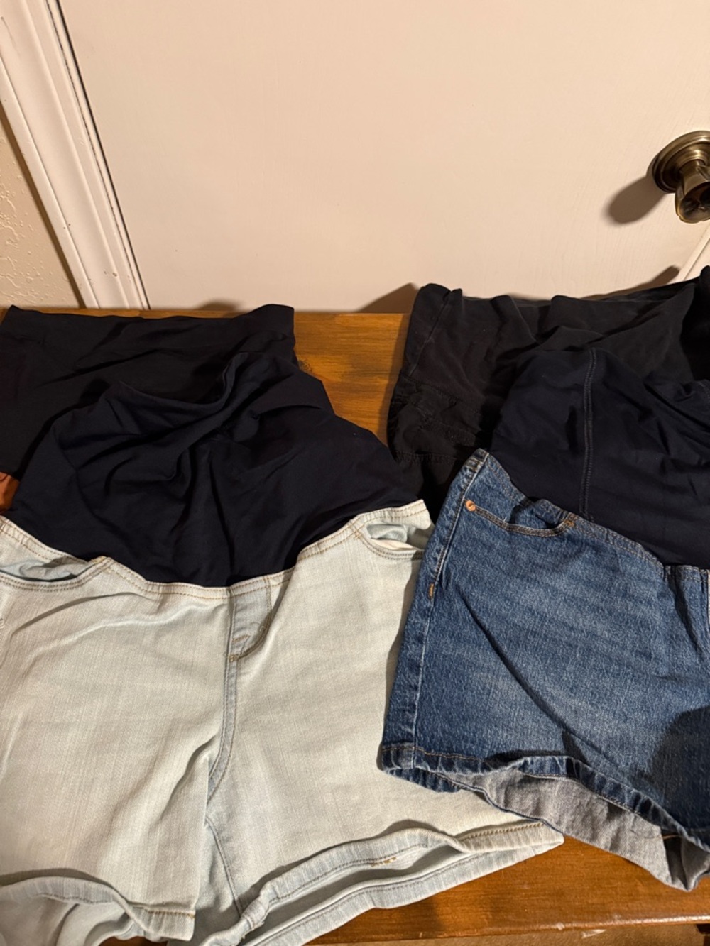 4 Pairs of Maternity Shorts Bundle in Light & Dark Wash with Black Waist Panels